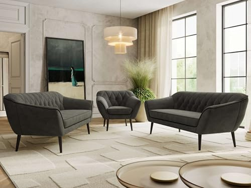 MKS MEBLE Sofagarnitur PIRS 3 + 3 + 1 - Couchgarnitur im skandinavischen Design, Gesteppte Polsterung, Wellenfederung, Wohnzimmer Sofa Set - Schwarze Beine, Dunkelgrau Velvet