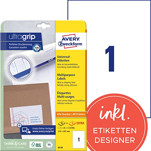 AVERY Zweckform 6119 Universal Etiketten (25 plus 5 Klebeetiketten extra, 210x297mm auf A4, Papier matt, bedruckbare Versandetiketten, selbstklebende Versandaufkleber mit ultragrip) 30 Blatt, weiß