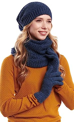 Hilltop Winter Kombi Set aus Winter Schal, passender Strickmütze und Handschuhe, 3-tlg., Farbe:Blau mit Handschuhen