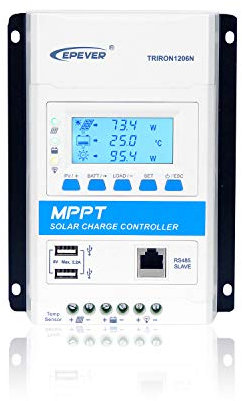 EPEVER MPPT Solarladeregler 10A 12V/24V auto Solarmodul Regler, Max PV 60V, gemeinsamer negativer mit RS485 COM USB-Ausgang, LCD Display Für Blei-Säure Lifepo4 (10A, Triron1206N)