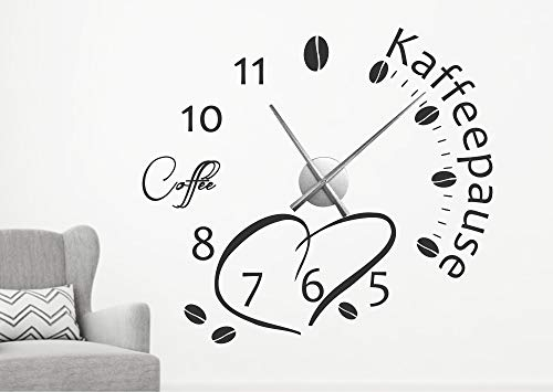 timalo® Wanduhr Wandtattoo Spruch 'Kaffeepause' mit Uhrwerk – Kaffee Uhr zum Aufkleben für die Küche | 76039-schwarz-50x45-Uhrwerk-silber