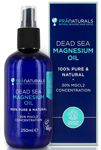 PraNaturals Huile de Magnésium de la mer Morte Pure en Spray 250ml, Huile de Détente Musculaire avec Vaporisateur, Déodorant Naturel, Soin Capillaire, Détartrage Dents & Gencives, Végan & Sans Cruauté