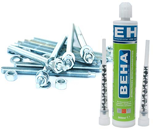 Montageset: 10 Ankerstangen, Verbundanker, Bolzen verzinkt M14 x 170mm + 300ml Verbundmörtel, Injektionsmörtel (25,33€/L)