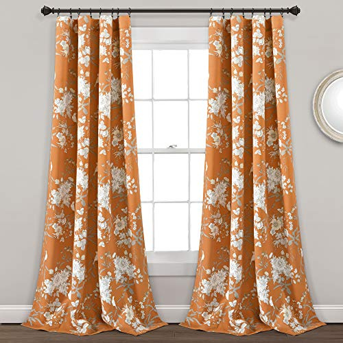 Lush Decor, Orange Botanical Garden Curtains Floral Bird Print Room Darkening Window Panel Drapes Set for Living, Dining, Bedroom (Pair), 84 x 52