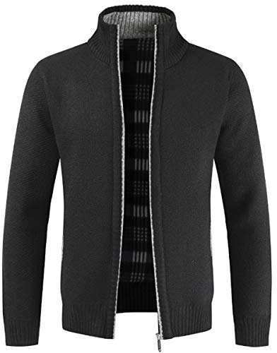 Sliktaa Mens Knitted Cardigan Thick Sweater Full Zip Stand Collar Fleece Lined Winter Coat,Black,L