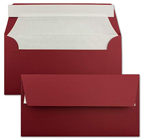 150x Briefumschläge DIN Lang 11 x 22 cm gerippt in Dunkelrot gefüttert mit weiß em Seiden-Papier 110 g/m² Haftklebung