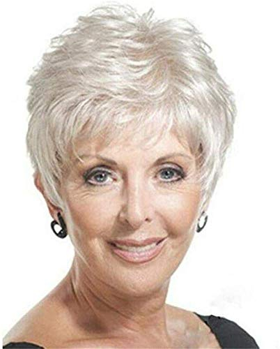 Yxshz Kurzhaarperücke für alte und mittelalterliche Frauen, graue Kunstfaser, flauschiges Haar, Perücke für Mutter, Großmutter, Oma, Königin, mit bequemer, atmungsaktiver Kappe