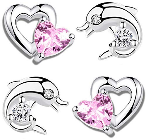 Mädchen Herz Delfin Schmetterling Ohrringe echt 925 Sterling Silber mit Rundschliff Zirkonia (Delfin K921 + Herz K710)
