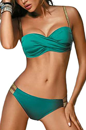 JFAN Traje de Baño de Mujer Cinturón Dorado Acolchado Bra Tops de Bikini Conjunto de Bikini de Color Liso Push Up Swimwear Dos Piezas Trajes de Baño Divididos(Verde Claro,M)