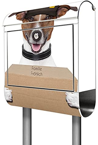 banjado® Briefkasten mit Standfuß personalisiert Motiv Paketdienst Jack Russel - Stand Briefkasten Edelstahl mit Zeitungsfach - Postbox/Postkasten A4 Einwurf inkl. Montagematerial & 2 Schlüssel