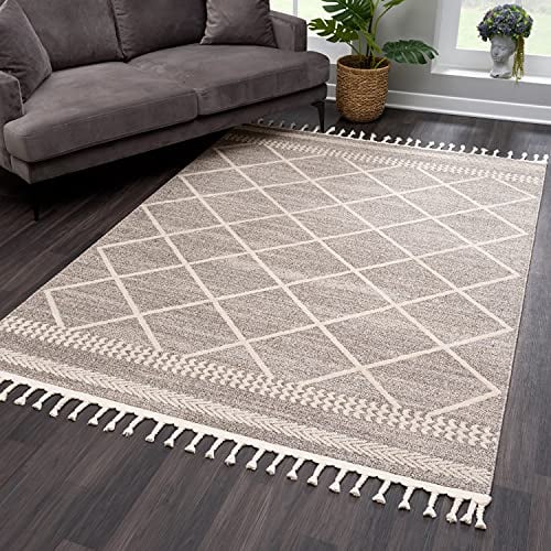 payé Teppich Wohnzimmer Kuzflor - Braun Creme - 140x200cm - mit Fransen Deko Boho Rautenmuster Schlafzimmer Flur Dekoration Läufer - Skandinavische Teppiche
