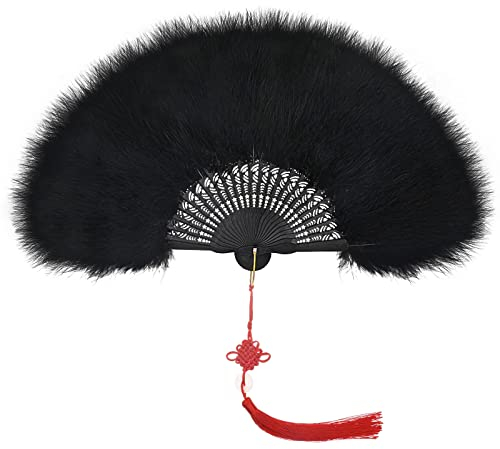MWOOT Damen Fächer Feder, 1920s Vintage Style Folding Handheld Feather Fan, Flapper Hand Fan for Costume Halloween Dancing Wedding Party Prom Tea Party Variety Show - (Schwarz)