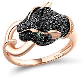 Santuzza Panther Ring Leopard Head Black Spinel 14K Rose Gold Plated Sterling Silver Ring for Women (5.5)
