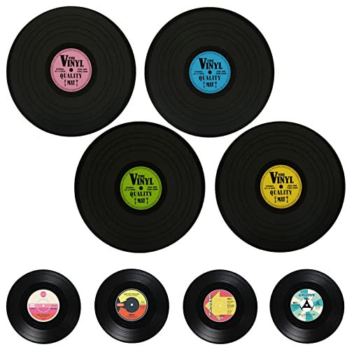 4 Stück Tischset Ø 39 cm Tischmatte & 4 Stück Glasuntersetzer Ø 11 cm Vinyl Schallplatte Tisch Untersetzer Rund