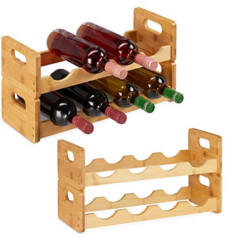 Relaxdays 2 x Botelleros, Soportes 8 Botellas Vino Ahorro Espacio, Horizontales, Estantes Botellas Bambú, 24 x 47 x 18 cm, Natural