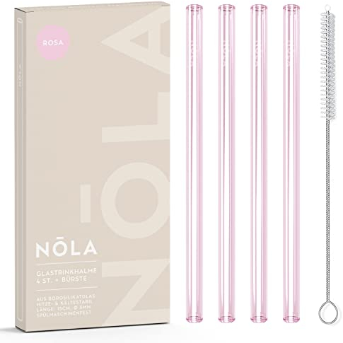 NOLA Premium Glastrinkhalme rosa, 4er-Set + Reinigungsbürste - 15 cm lang - Spülmaschinenfest, Spezialglas - für heiße & kalte Getränke, Tee, Cocktails, Smoothies, Säfte