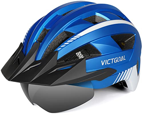 VICTGOAL Fahrradhelm MTB Mountainbike Helm mit magnetischem Visier Abnehmbarer Sonnenschutzkappe und LED Rücklicht Radhelm Rennradhelm für Erwachsenen Herren Damen (M: 54-58cm, Metalblue)