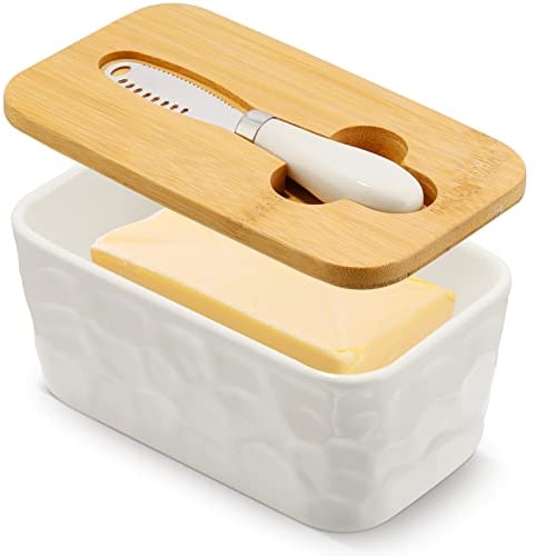 Porcelain Butter Dish, European Size Ceramic Butter Container with Wooden Lid, Double Silicone Seals Design Butter Box for Butter, Nuts, Cheese, 650ml