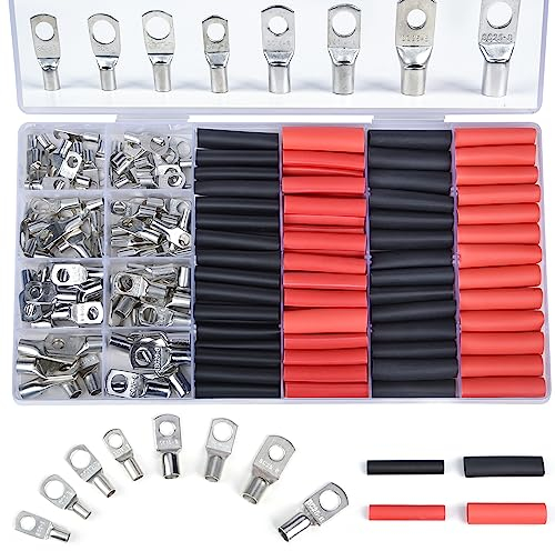 Preciva 160pcs Copper Ring Lugs & Heat Shrink Tubing Kit, Bolt Hole Tinned Copper Terminals, Battery Cable Ends Wire Terminals