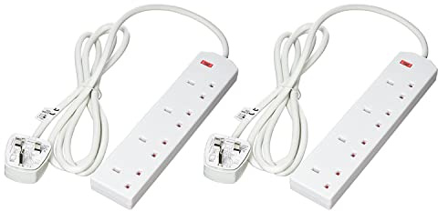 4 Way Gang Surge Protected Extension Lead 2m Plug Extension Power Strip 4 Plug Socket Power Extension Cord 2 Metre 13A Amps Power Strip Wall Hanging Extension Plug Adaptor UK Pin Cord (Pack of 2)