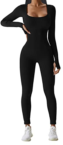 JN JANPRINT Damen Jumpsuit Sport Bodysuit Gerippte Lang Eng Yoga Bodycon Overall Stretch Langarm Strampler Sportanzug jumpsuits Trainingsanzug Einteiligem One-Piece(Schwarz,M)