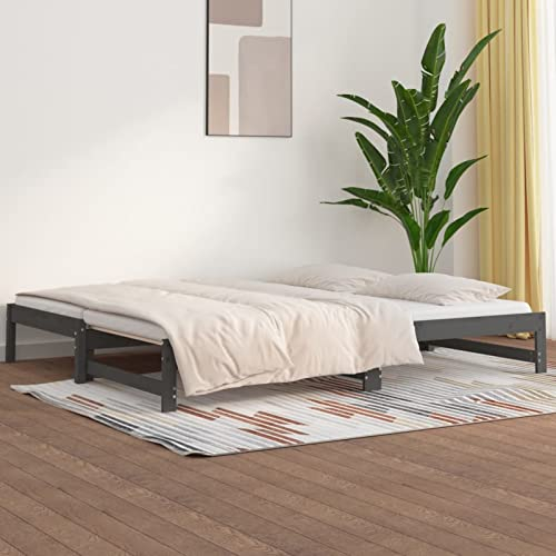 Yolola Schlafsofa,Schlafcouch,jugendbett,doppelbett,ausziehbares Doppel-Bett,ausziehbares Bett,Gästebett,tagesbett ausziehbar,Massivholz Kiefer-Grau-2x (90 x 200) cm