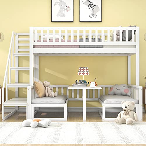 ZYLOYAL10 Platzsparendes Etagenbett mit Treppe, mit verstellbarem Tisch, mit Holzsofa, Robustes Kieferholzgestell, Weiß (90x200cm&120 * 200cm)