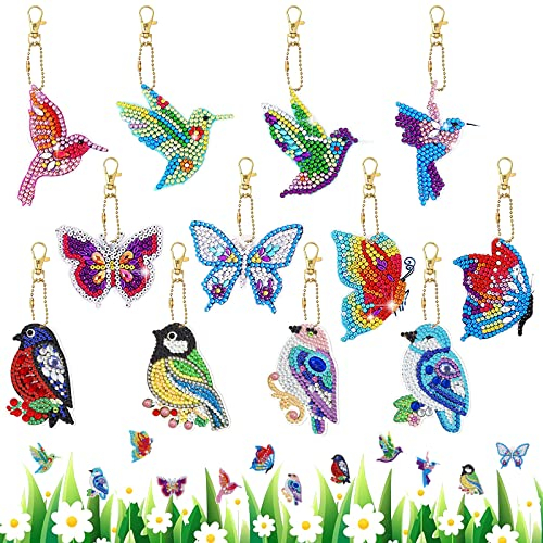 Diamond Painting Anhänger 12 Stk 5D Diy Diamond Painting Schlüsselanhänger Kinder Malerei Stickerei Diamant Painting Anhänger Frauen Mädchen Handtasche Schlüssel Craft Kits 4 Schmetterling und 8 Vögel