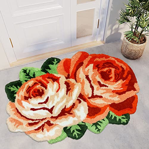 USTIDE Badematte mit niedlichem Rosenmotiv, luxuriös, orangefarbener Badezimmerteppich, rutschfest, Blumenform, Plüsch, Duschvorleger, waschbar, kleiner Teppich, WC-Fußmatte, 60 x 91 cm