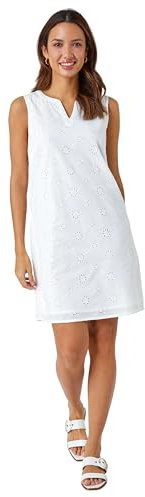 Roman Originals Women Broderie Detail Sleeveless Shift Dress - Ladies Spring Everyday Summer Holiday Notch Neckline Comfy Relaxed Shape Soft Lightweight Frock Vacation Gowns - White - Size 20