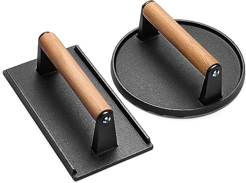 EWFEN Prensa de hamburguesas, redonda de 7 pulgadas y rectangular de 8.2 x 4.3 pulgadas, de hierro fundido, resistente, prensa de tocino, carne con mango de madera para plancha, sándwich, sartén