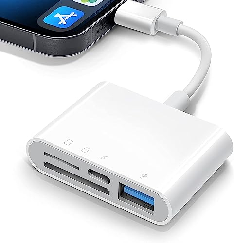 Adaptador Lector de Tarjetas SD iPhone,Adaptador 4 en 1 para Lector de Tarjetas SD/TF con Puerto de Carga, Adaptador USB OTG para iPhone 14 12 13 11X XS/XR/8/7/iPad