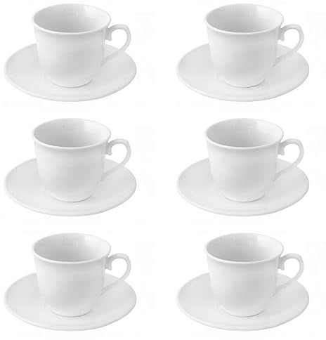 A2ZWORLD Lot de 6 tasses à café Espresso blanches avec soucoupes en céramique blanche, lavables au lave-vaisselle, 70 ml empilables (61 x 54 mm moderne)