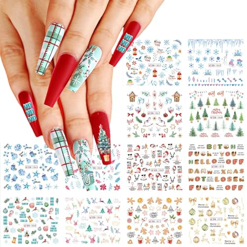 12 Sheets Nagelsticker Weihnachten, Nail Art Sticker Selbstklebend mit Pinzette, 3D-Design Schneeflocke Schneemann Weihnachtsmann Muster Nagelaufkleberr Weihnachtsfeier Nageldekor