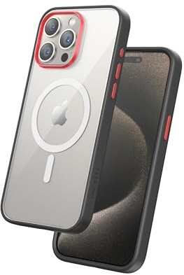 FLOLAB Surtect Tri-Fusion Magnetische Schutzhülle für iPhone 15 Pro Max, schlankes Design, Magsafe-kompatibel, militärischer Rahmen, transparent, Atomrot