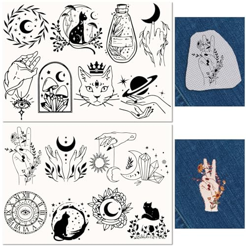craspire 2 Blatt Katze Mondphase Wasserlösliche Stickmuster Stabilisatoren Kristall Handnähen Stick and Stitch Transfers Stoff Abwaschbar Vorgedruckt Selbstklebend Für Taschen Stoff Nähen Liebhaber