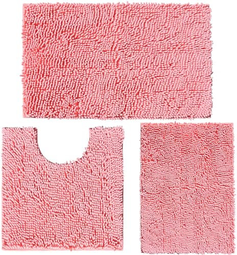 MEGAROOM Non Slip Chenille Bath Mat Set - Bathroom Mat Set with U-Shaped Toilet Mat - Soft and Anti Mould Bath Mat Set 3 Pieces for Safety and Comfort, Water Absorbent and Quick Drying(Pink)
