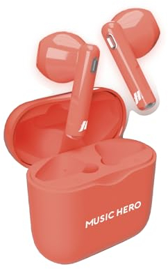 Music Hero kabellose Ohrhörer, neonfarben, True Wireless Stereo (TWS)-Technologie, 180-mAh-Ladegerät, Touch-Bedienelemente, integriertes Mikrofon, Semi-In-Ear, rot