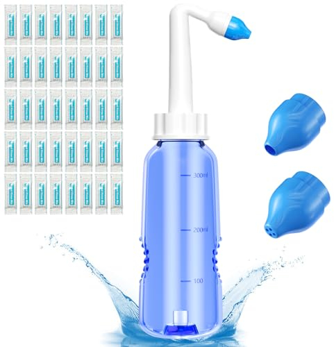 Rseuphiee Lavage Nez, 300ml Seringue Nasale Adulte, 40 Sachets de Sel Nasal, Irrigation Nasale, Douche Nasale pour Adulte, Kit de Douche Nasale avec Flacon, pour Adultes Enfants Nettoyage Quotidien.