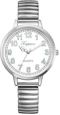 Silverora Damenuhren Elastische Großes Zifferblatt:Klar Leicht Ablesbare Analoge Quarz Uhren Damen Lechtende Armbanduhren mit Edelstahl Stretchband Geschenke für Frauen Ältere Silber