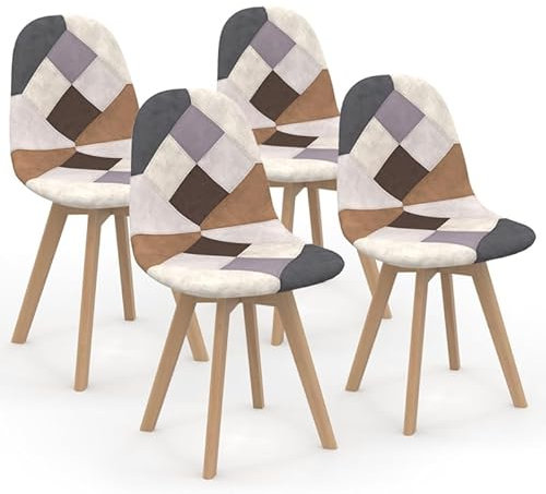 IDMarket Sara Set mit 4 skandinavischen Stühlen, Patchwork-Design, Braun