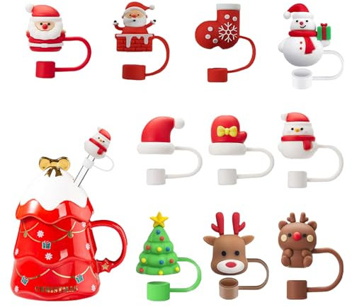 10 Pcs Christmas Straw Covers, Reusable Cute Shape Protectors, Silicone Topper Cap, 10mm Cups Accessories Anti-Dust Tip