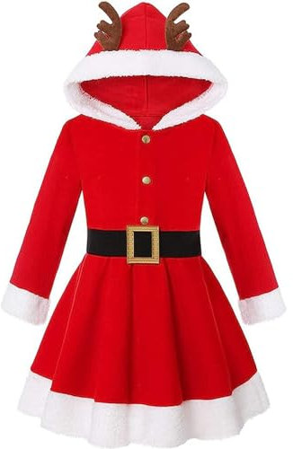 Tutina Neonato Femmina Costume Babbo Natale Bambina, Vestito Babbo Natale Bimba, Vestito Natale Bambina Abito A Maniche Lunghe Con Cappuccio Con Alce Dell'Albero Di Natale