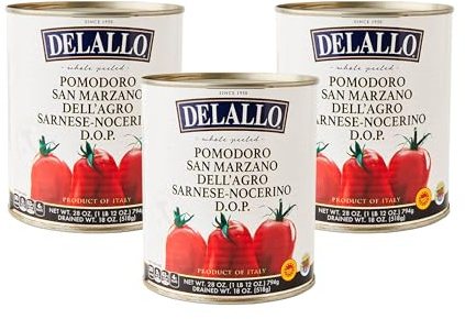 DaLallo DOP San Marzano Tomatoes, 28 oz Can, (3 Pack) Non-GMO, Harvested & Grown Agro-Sarnese Nocerino Italy, Vibrant Rich Red Tomatoes Packed in Light Puree, Low Seed Content, Kosher