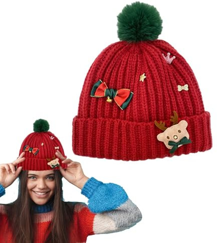 Weihnachtsmütze, gestrickte Weihnachtsmütze | Weihnachtsmütze mit Bommel stricken | Winterstrickmütze, Wollmütze, Weihnachtsmütze für Neujahrspartys