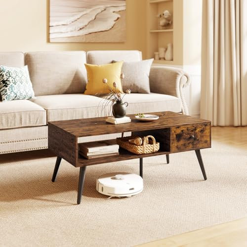 GOPLUS Table Basse Salon Carrée avec Tiroir,Pieds en Bois Massif,Table d’Appointpour Cuisine Chambre Salon, Style Scandinave,109x55x39,5cm (Marron)