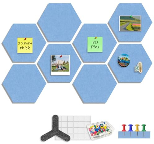 Sliandtelly Hexagon Filz Pinnwand Selbstklebend, 8er Set 22x19cm blaue | 12 mm dickes, Ohne Bohren mit Klebebändern & 80 Pins & Montage-Abstandshalter, DIY für Büro Zuhause Schlafzimmer Küchen