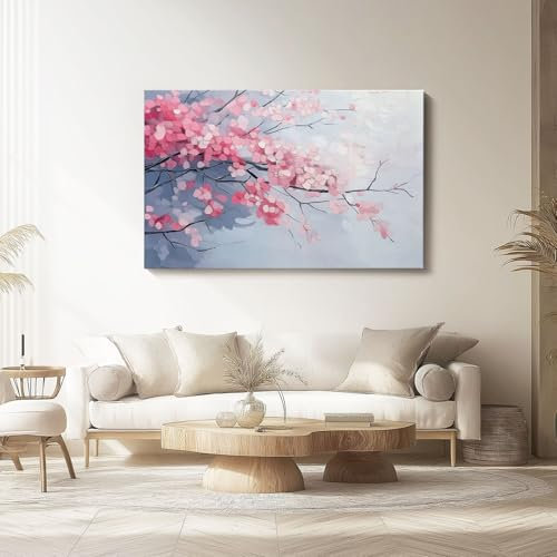 Impresión en lienzo sin marco Cuadro Al Óleo Pintado A Mano Flores De Cerezo 100 x 50 cm Decoración de pared Arte decorativo Pintura mural Sala de estar Dormitorio Oficina, Rosa Gris