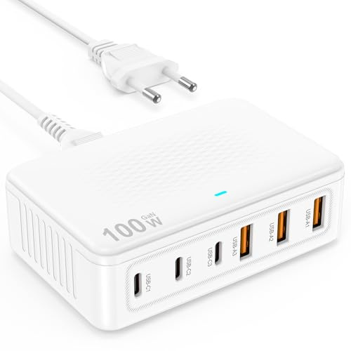 USB C Ladegerät Mehrfach, 100W 6-Port Schnellladegerät Ladestation mit 3 USB-C und 3 USB-A, USB Netzteil Stecker Adapter für iPhone 17 16 15 14 13 Pro Max//Pius/Air, iPad Pro,Sumsung Galaxy S25,S24