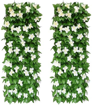 Expanding Garden Trellis Panels, 200x40cm Expandable Garden Fence Screening with Artificial Ivy and Violet Flower,Decorative Faux Ivy Leaf Privacy Screen Greenery Backdrop for Backyard (2 PCS-White)